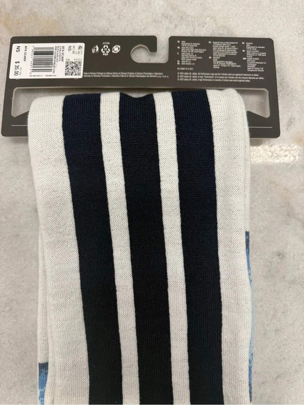 adidas Argentina White Scarf with Light Blue Fringe and Gold Logo